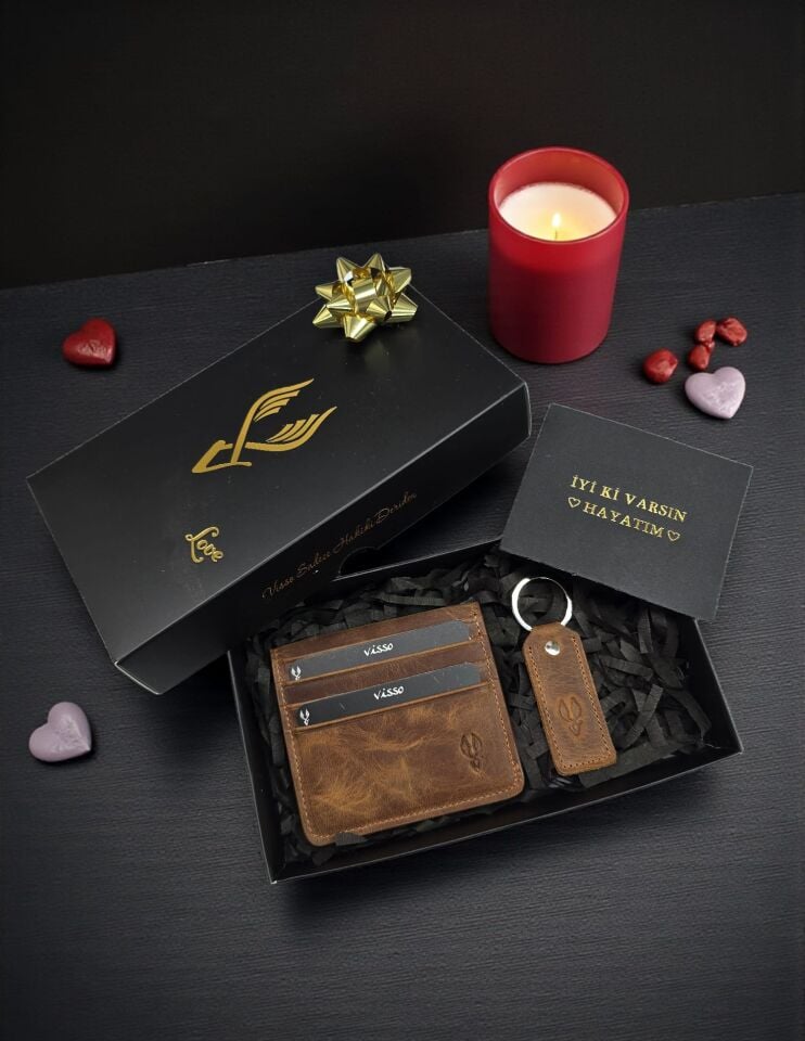 Sevgili VİSSO 657 HAKİKİ DERİ ÇANTA  İSME ÖZEL DERİ KAĞIT PARA BÖLMELİ KADIN ERKEK DERİ Mıknatıslı Kartlık KREDİ KARTLIK Fındık Matrix + Anahtarlık