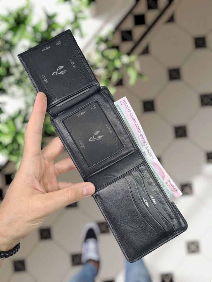 Sevgili VİSSO 229 Hakiki Deri Çift Renkli SİYAH-SİYAH Garni Cüzdan  Renk Deri Cüzdan + ANAHTARLIK