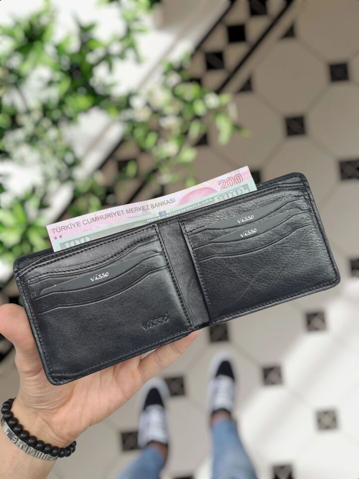 Sevgili VİSSO 229 Hakiki Deri Çift Renkli SİYAH-SİYAH Garni Cüzdan  Renk Deri Cüzdan + ANAHTARLIK