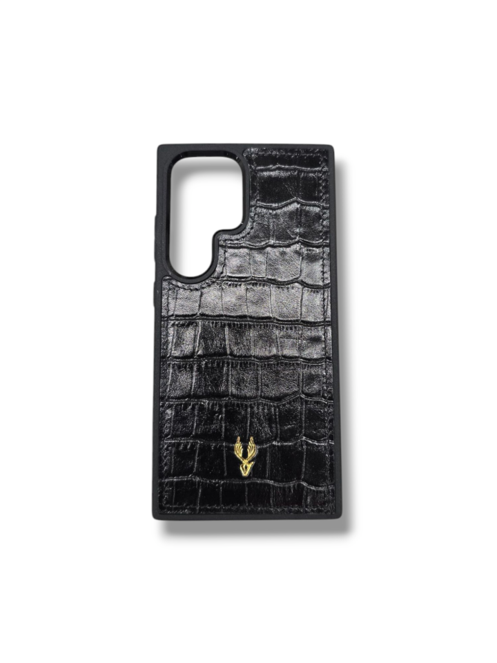 VİSSO Siyah Croco Hakiki Deri SAMSUNG GALAXY S23 ULTRA İsim Baskılı Kişiye Özel Deri Telefon Kılıfı KARGO BEDAVA   Siyah Croco