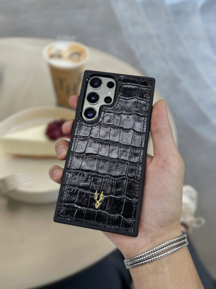 VİSSO Siyah Croco Hakiki Deri SAMSUNG GALAXY S23 ULTRA İsim Baskılı Kişiye Özel Deri Telefon Kılıfı KARGO BEDAVA   Siyah Croco