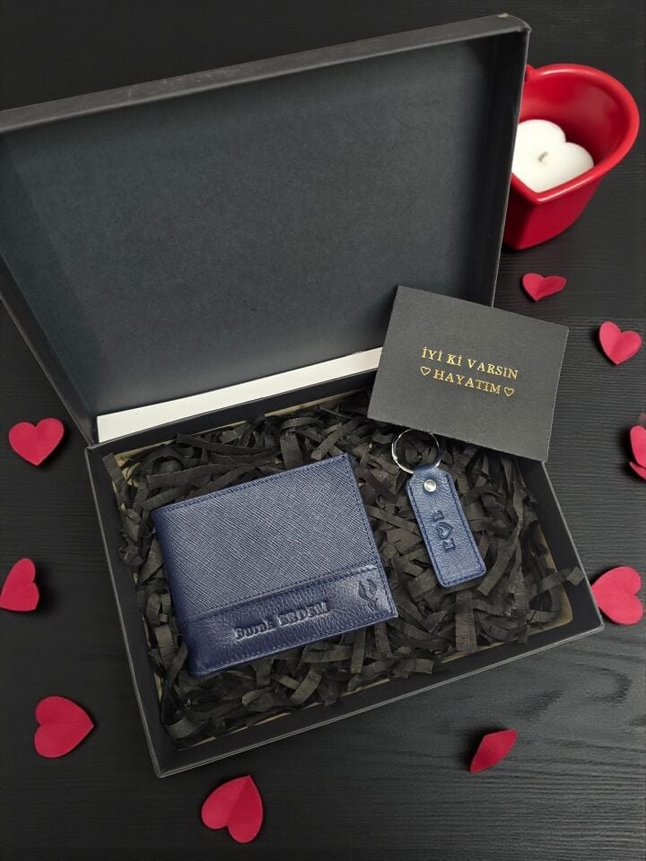 Sevgili VİSSO 1272 HAKİKİ DERİ ÇANTA İSME ÖZEL  HEDİYELİK CÜZDAN Lacivert + Anahtarlık + Set Kutu