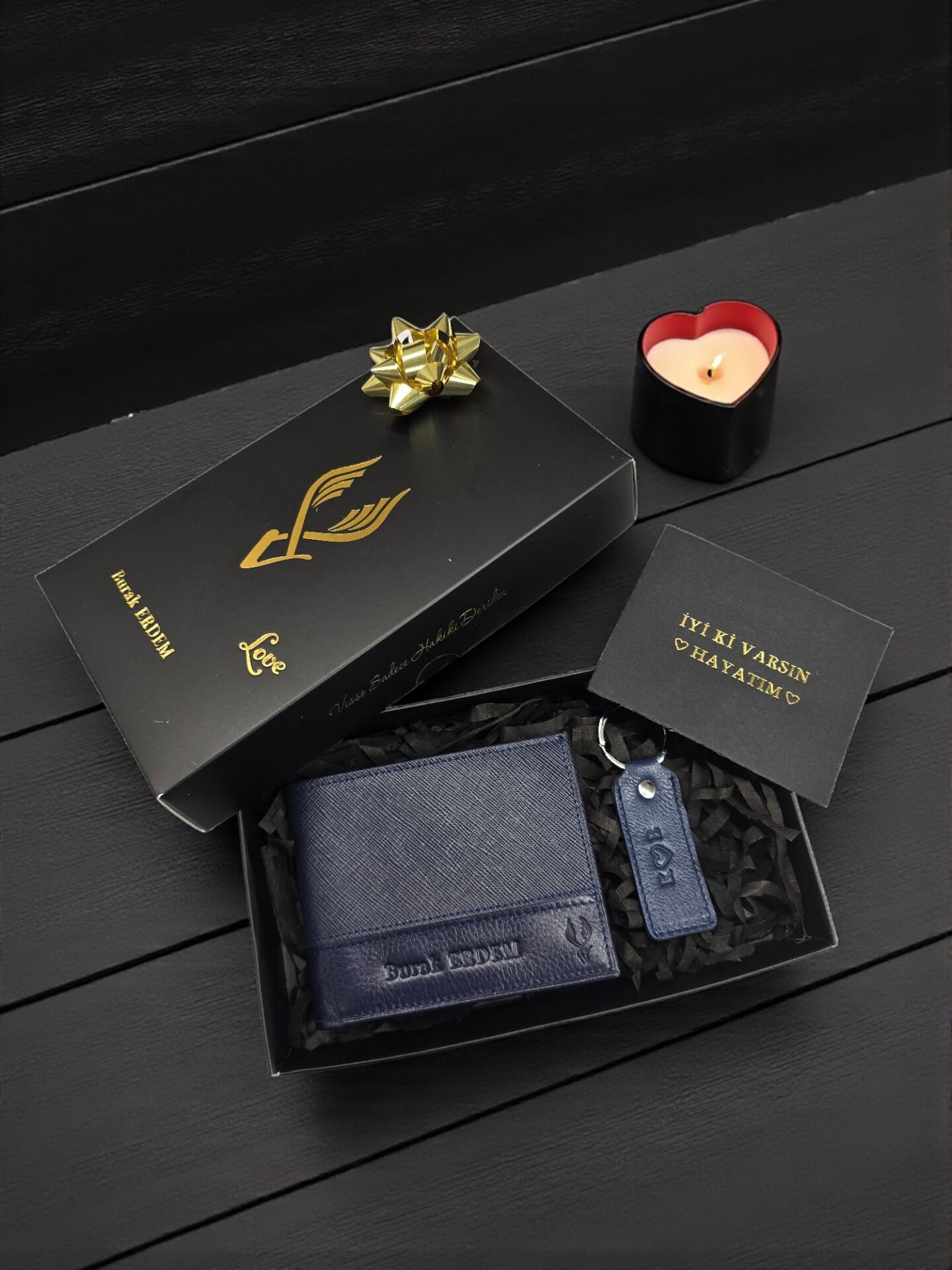 Sevgili VİSSO 1272 HAKİKİ DERİ ÇANTA İSME ÖZEL  HEDİYELİK CÜZDAN Lacivert + Anahtarlık