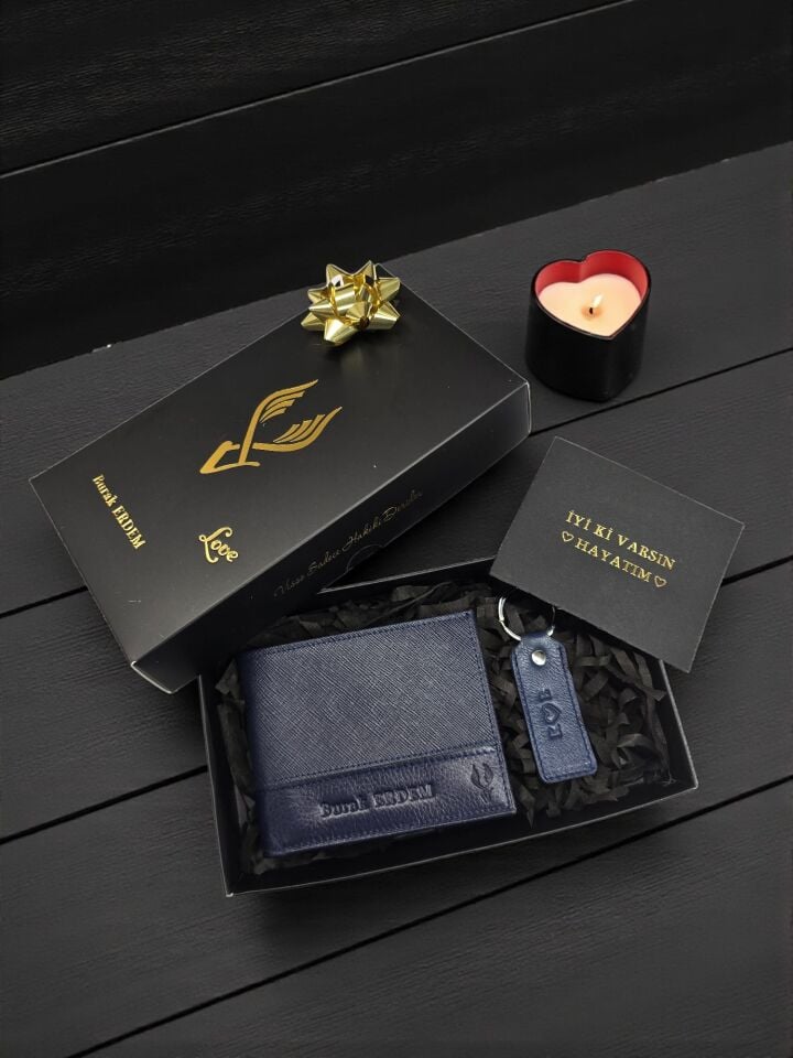 Sevgili VİSSO 1272 HAKİKİ DERİ ÇANTA İSME ÖZEL  HEDİYELİK CÜZDAN Lacivert + Anahtarlık