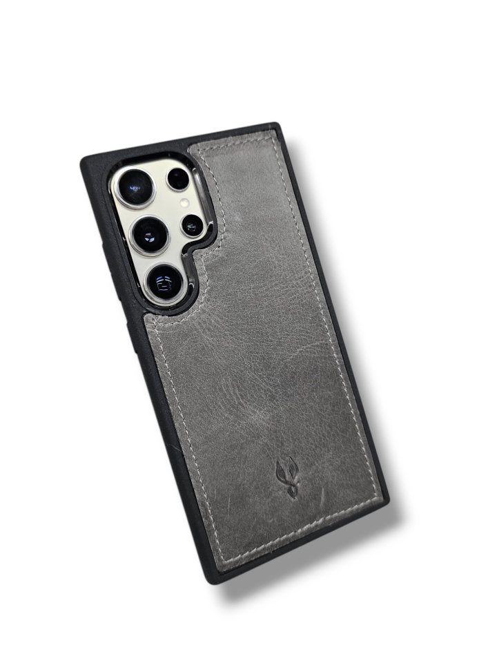 VİSSO Gri Natural Crayz Hakiki Deri SAMSUNG GALAXY S23 ULTRA İsim Baskılı Kişiye Özel Deri Telefon Kılıfı KARGO BEDAVA  Gri Natural Crayz