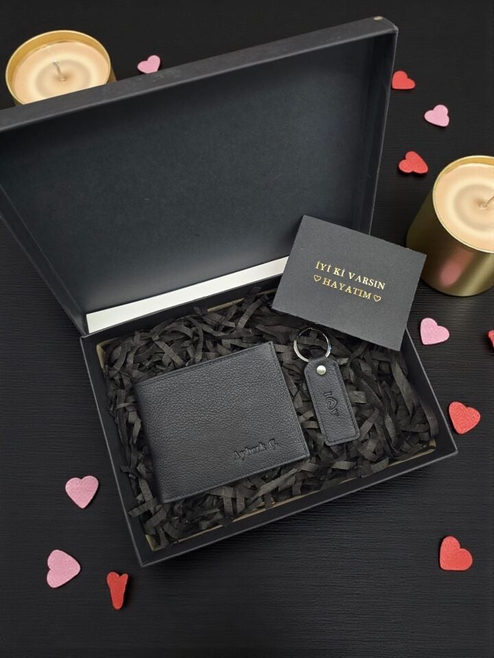 Sevgili VİSSO 262 CÜZDAN +  ANAHTARLIK  İSME ÖZEL ÇİFT KİMLİK BÖLMELİ SİYAH RENK DERİ ERKEK CÜZDAN ÇANTA + Anahtarlık + Set Kutu