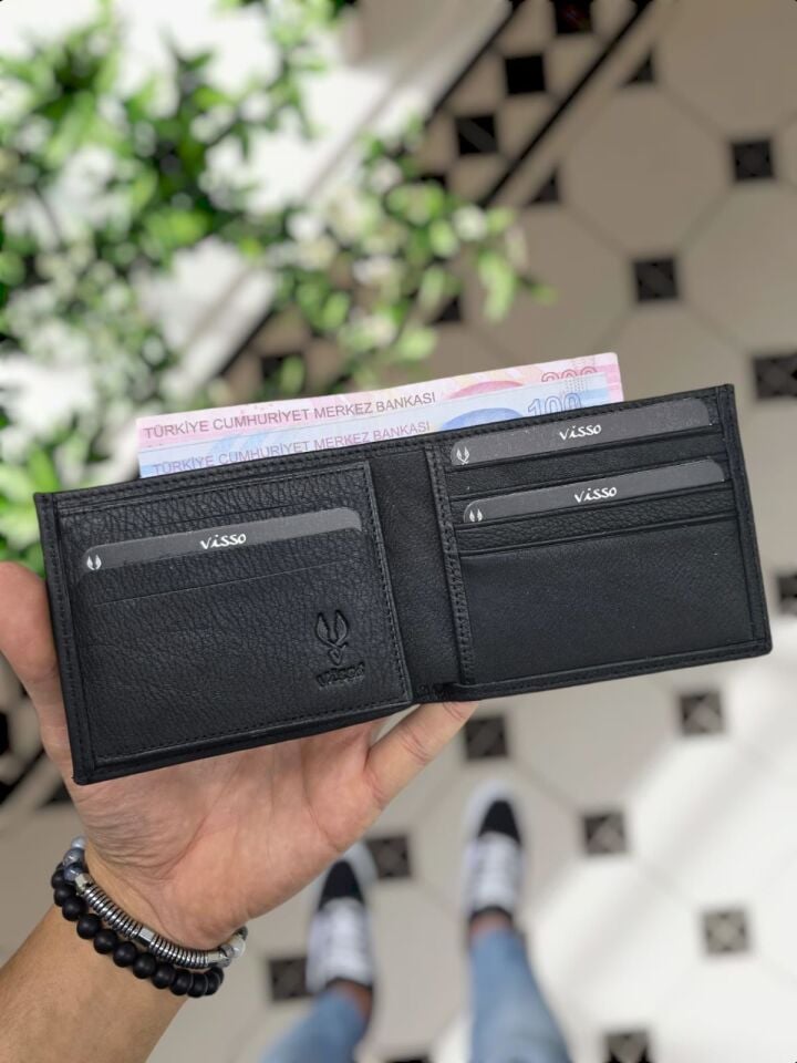 Sevgili VİSSO 262 CÜZDAN +  ANAHTARLIK  İSME ÖZEL ÇİFT KİMLİK BÖLMELİ SİYAH RENK DERİ ERKEK CÜZDAN ÇANTA + Anahtarlık + Set Kutu