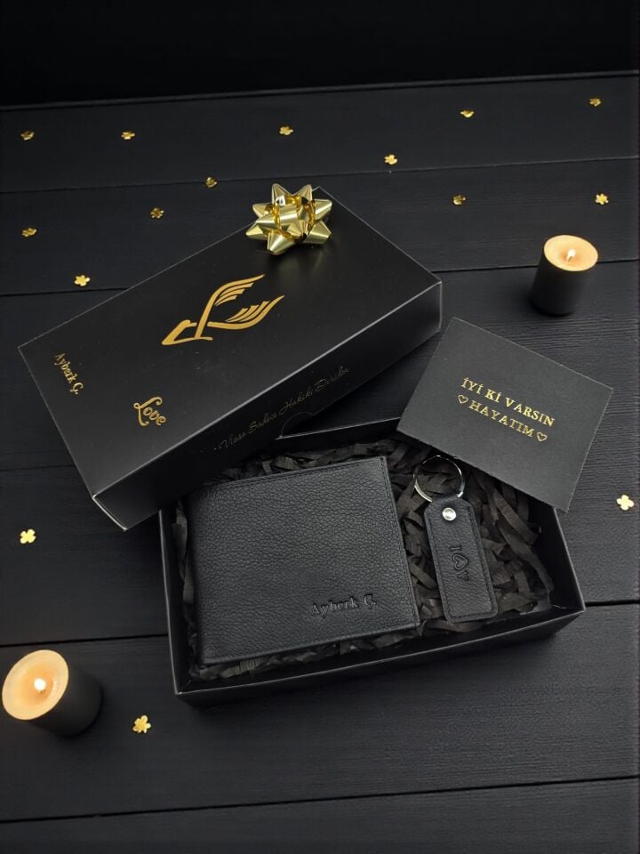 Sevgili VİSSO 262 CÜZDAN +  ANAHTARLIK  İSME ÖZEL ÇİFT KİMLİK BÖLMELİ SİYAH RENK DERİ ERKEK CÜZDAN ÇANTA + Anahtarlık