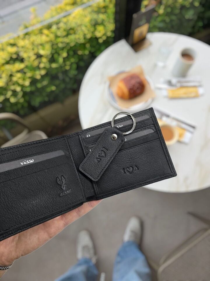 Sevgili VİSSO 262 CÜZDAN +  ANAHTARLIK  İSME ÖZEL ÇİFT KİMLİK BÖLMELİ SİYAH RENK DERİ ERKEK CÜZDAN ÇANTA + Anahtarlık