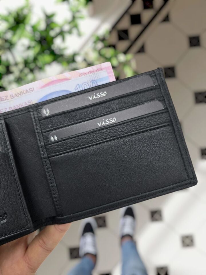 Sevgili VİSSO 262 CÜZDAN +  ANAHTARLIK  İSME ÖZEL ÇİFT KİMLİK BÖLMELİ SİYAH RENK DERİ ERKEK CÜZDAN ÇANTA + Anahtarlık