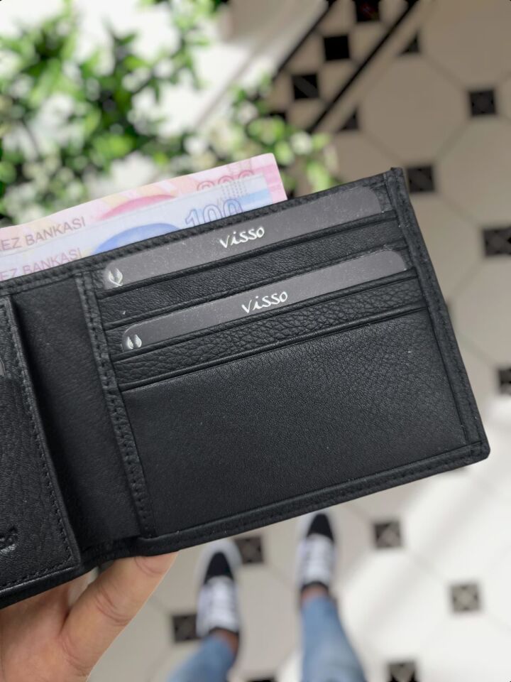 Sevgili VİSSO 262 CÜZDAN +  ANAHTARLIK  İSME ÖZEL ÇİFT KİMLİK BÖLMELİ SİYAH RENK DERİ ERKEK CÜZDAN ÇANTA + Anahtarlık