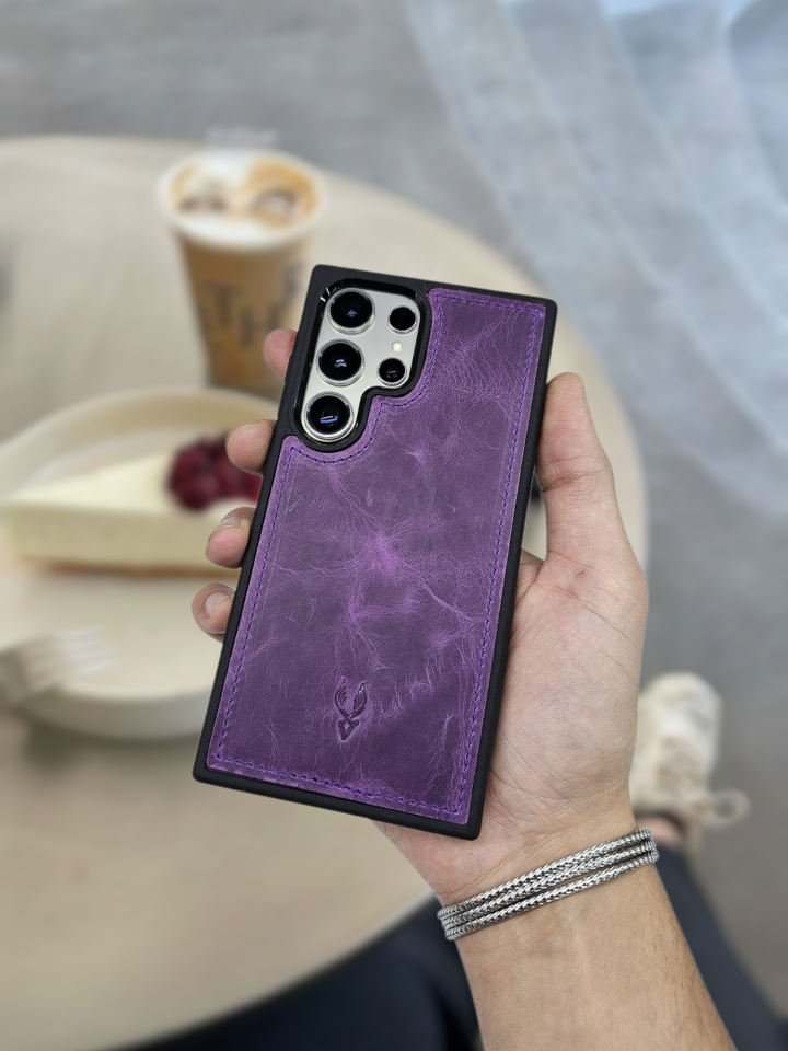 VİSSO Mor Renk Hakiki Deri SAMSUNG GALAXY S23 ULTRA İsim Baskılı Kişiye Özel Deri Telefon Kılıfı KARGO BEDAVA Mor Renk