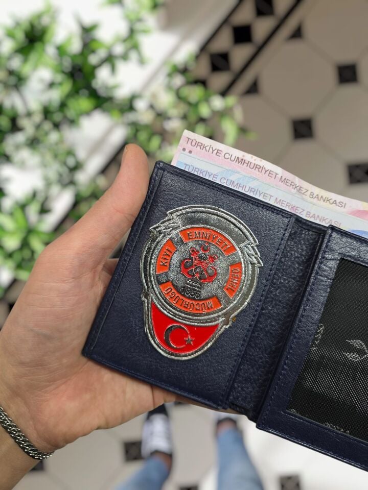 VİSSO 1131 Kıyı  Emniyeti HAKİKİ ORJİNAL DERİ ÇANTA  3 ADET KİMLİK KART GÖZLÜ FERMUARLI KADIN ERKEK CÜZDAN  Metal Rozetli LACİVERT