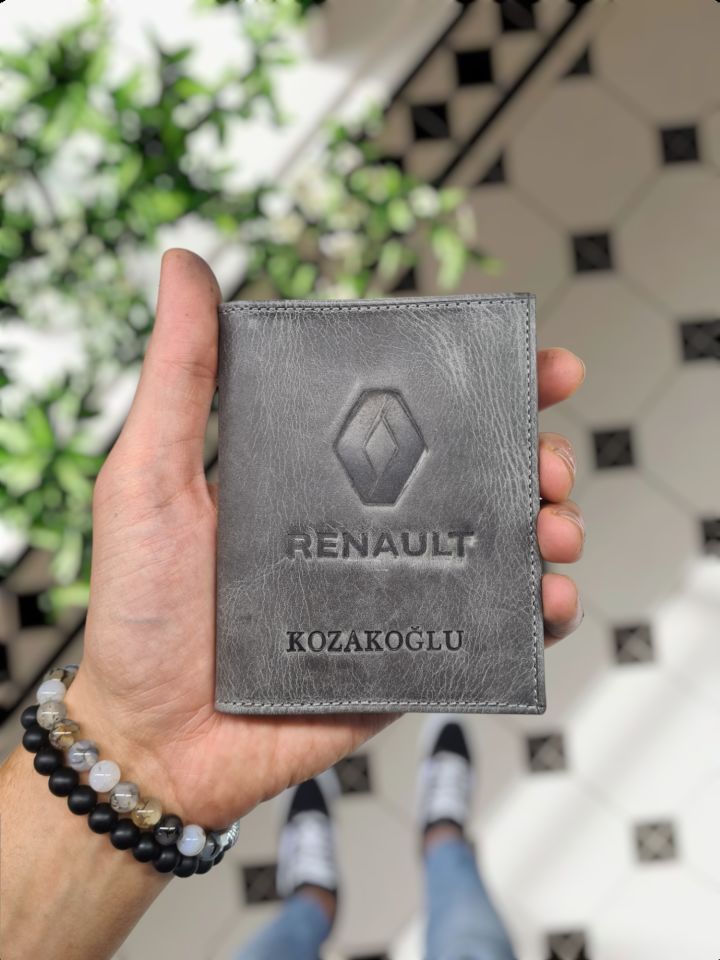Renault VİSSO 1904 Hakiki Deri Araç Ruhsat Kılıfı İsme Özel Çanta Erkek Kadın Modeli RENAULT GRİ  natural CRAYZ