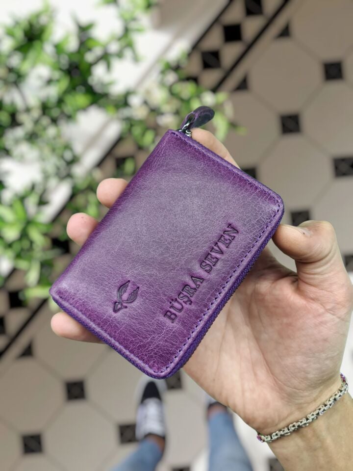 VİSSO 661 Fermuarlı Kredi Kartlık Model Hakiki Deri Çanta Kişiye Özel MOR GÜL RENK DERİ