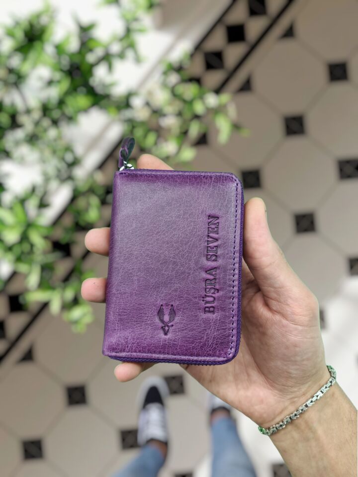 VİSSO 661 Fermuarlı Kredi Kartlık Model Hakiki Deri Çanta Kişiye Özel MOR GÜL RENK DERİ