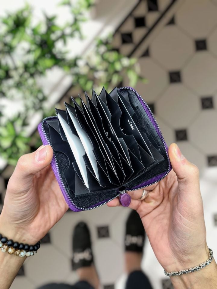 VİSSO 661 Fermuarlı Kredi Kartlık Model Hakiki Deri Çanta Kişiye Özel MOR GÜL RENK DERİ