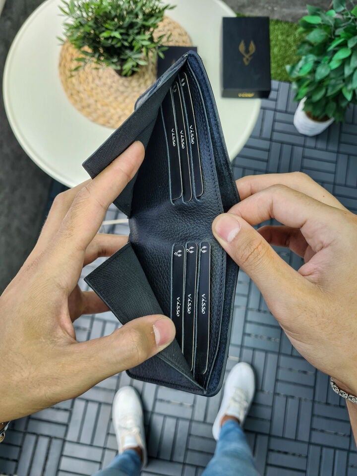 VİSSO 1236 Kıyı Emniyeti HAKİKİ DERİ ÇANTA İSME ÖZEL KAĞIT PARA VE KİMLİK BÖLMELİ ERKEK VE KADIN CÜZDAN Siyah Gutty