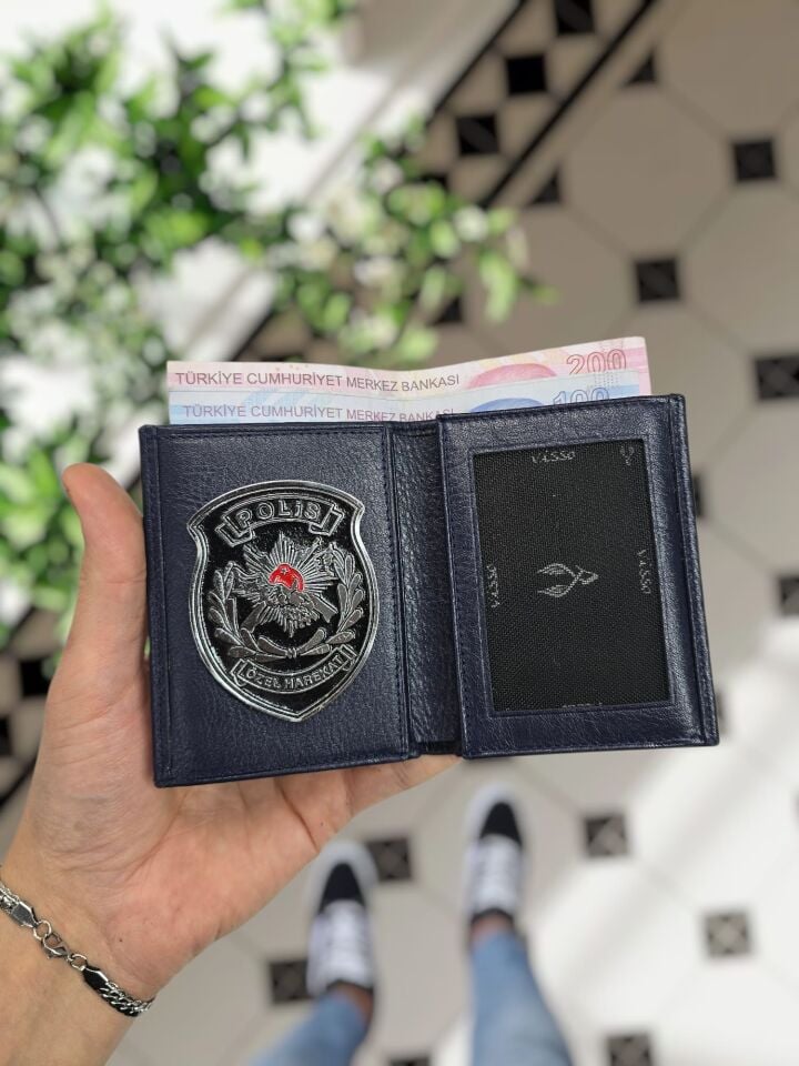 VİSSO 1131 PÖH Rozetli HAKİKİ ORJİNAL DERİ ÇANTA  3 ADET KİMLİK KART GÖZLÜ FERMUARLI KADIN ERKEK CÜZDAN  Metal Rozetli LACİVERT