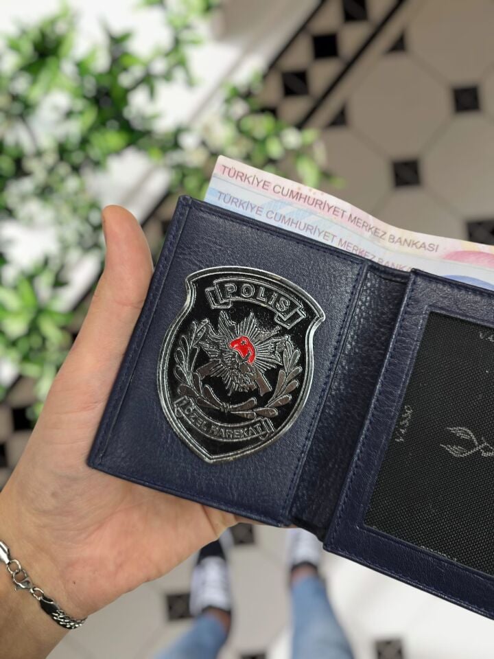 VİSSO 1131 PÖH Rozetli HAKİKİ ORJİNAL DERİ ÇANTA  3 ADET KİMLİK KART GÖZLÜ FERMUARLI KADIN ERKEK CÜZDAN  Metal Rozetli LACİVERT