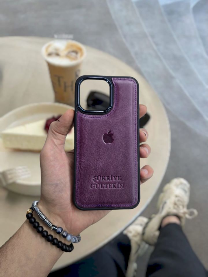 IPHONE MOR RENK TELEFON KILIFI  VİSSO HAKİKİ ORJİNAL GERÇEK DANA DERİSİ Kişiye Özel İsim Baskılı Kadın Erkek Unisex Deri Koruyucu Telefon Kılıfı MOR RENK