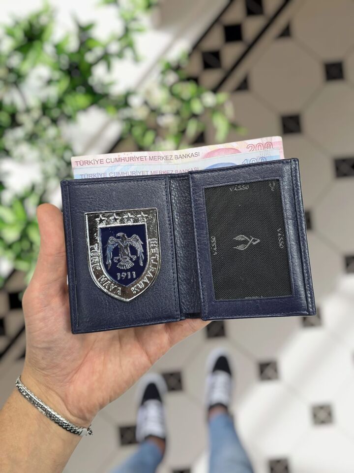 VİSSO 1131 Hava Kuvvetleri Rozetli HAKİKİ ORJİNAL DERİ ÇANTA  3 ADET KİMLİK KART GÖZLÜ FERMUARLI KADIN ERKEK CÜZDAN  Metal Rozetli LACİVERT