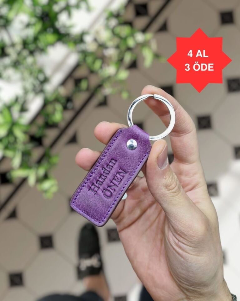 1020  Hakiki Deri Anahtarlık - Kişiye Özel Deri Anahtarlık Çanta  MOR GÜL
