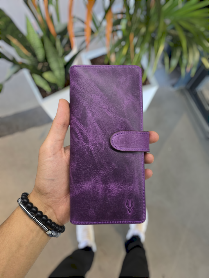 VİSSO 701 HAKİKİ ORİNAL DERİ ÇANTA ÇOK KARTLIK KAPASİTELİ TELEFON BÖLMELİ ÇITÇITLI KADIN VE ERKEK CÜZDAN EL ÇANTASI MODEL MOR GÜL RENK
