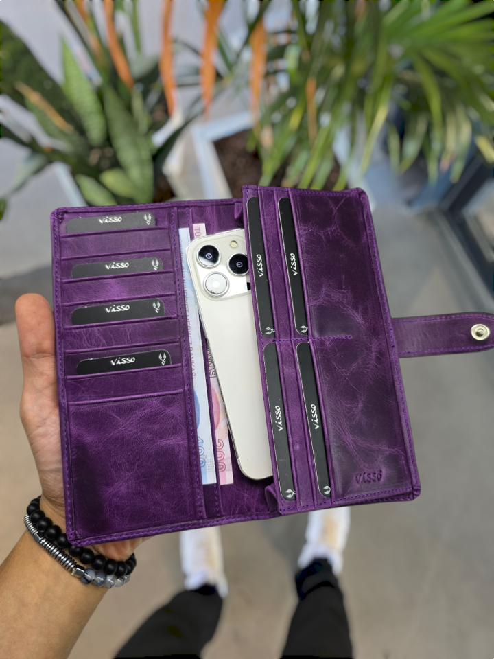 VİSSO 701 HAKİKİ ORİNAL DERİ ÇANTA ÇOK KARTLIK KAPASİTELİ TELEFON BÖLMELİ ÇITÇITLI KADIN VE ERKEK CÜZDAN EL ÇANTASI MODEL MOR GÜL RENK