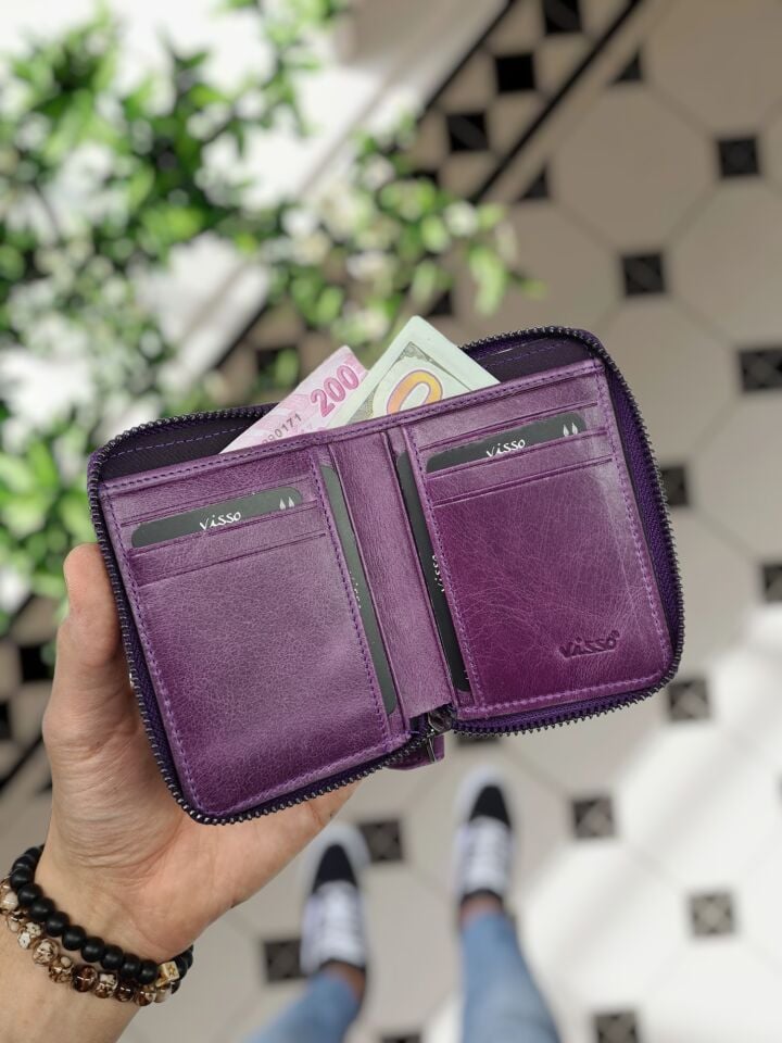 Visso 710 Hakiki Deri Fermuarlı Bozuk Para Cepli Kişiye Özel Erkek Kadın Cüzdan Deri Çanta MOR GÜL RENK