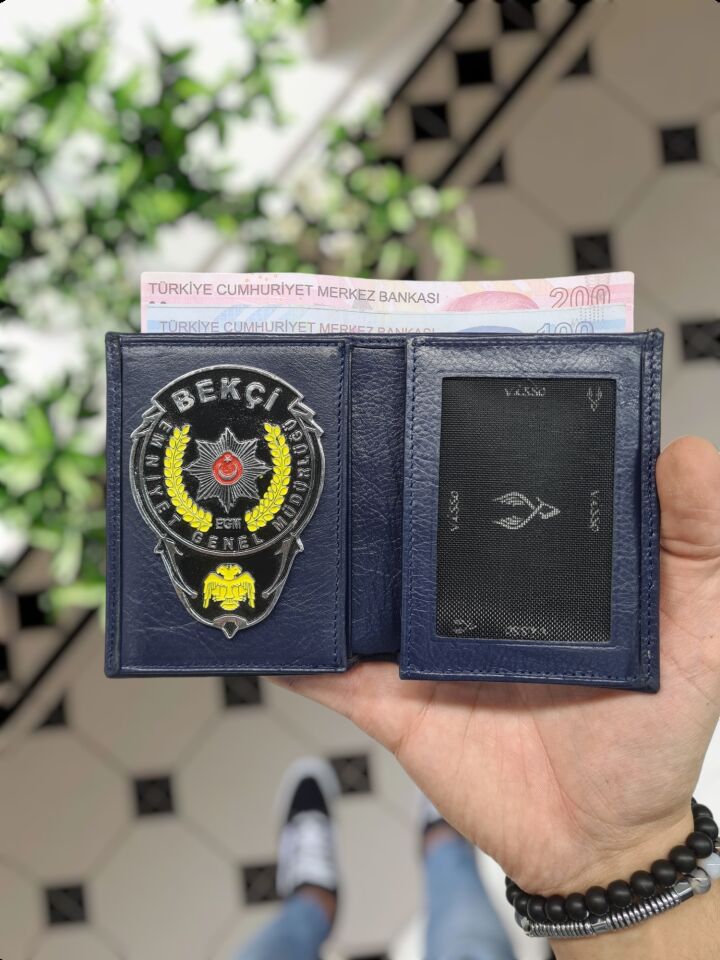 VİSSO 1131 Bekçi Rozetli HAKİKİ ORJİNAL DERİ ÇANTA  3 ADET KİMLİK KART GÖZLÜ  KADIN ERKEK CÜZDAN Bekçi Rozetli Lacivert
