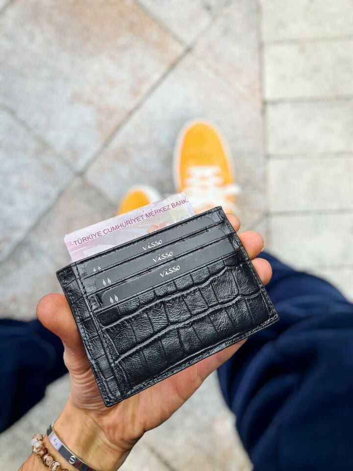 VİSSO 606 HAKİKİ DERİ ÇANTA   MİNİ KARTLIK- KADIN ERKEK DERİ KARTLIK CÜZDAN İSİM BASKILI - İSME ÖZEL Siyah roco / Sarı Yaldızlı İsim Baskı