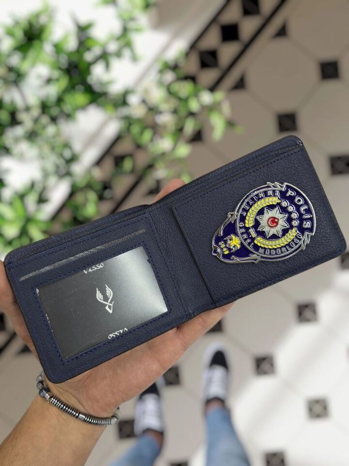 VİSSO 1236 LACİVERT DERİ Polis Rozetli HAKİKİ DERİ CÜZDAN İSME ÖZEL POLİS ROZETLİ KAĞIT PARA VE KİMLİK BÖLMELİ ERKEK VE KADIN CÜZDAN LACİVERT GUTTY