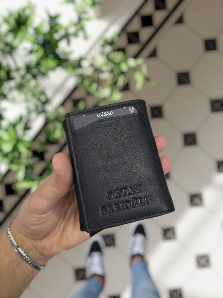 VİSSO 684 Hakiki Deri Kağıt Para Bölmeli Mekanizmalı Kartlık Cüzdan Kişiye Özel Çanta SİYAH NATURAL Ve Çift Renk Kemer