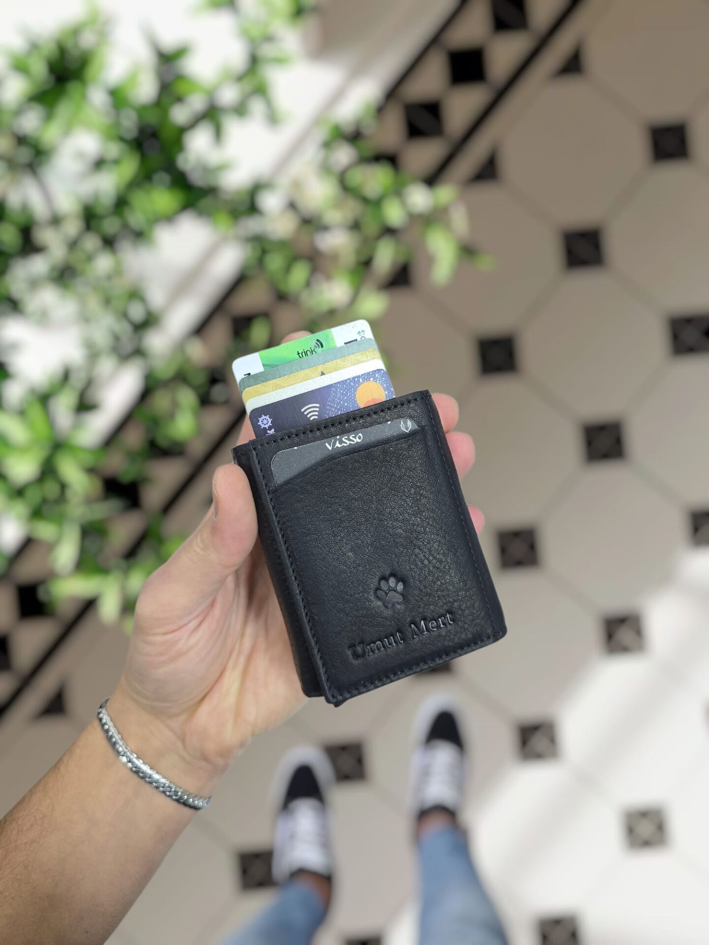 VİSSO 684 Hakiki Deri Kağıt Para Bölmeli Mekanizmalı Kartlık Cüzdan Kişiye Özel Çanta SİYAH NATURAL Kedi Patisi