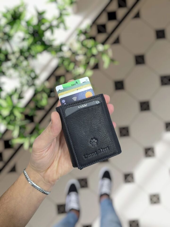 VİSSO 684 Hakiki Deri Kağıt Para Bölmeli Mekanizmalı Kartlık Cüzdan Kişiye Özel Çanta SİYAH NATURAL Kedi Patisi