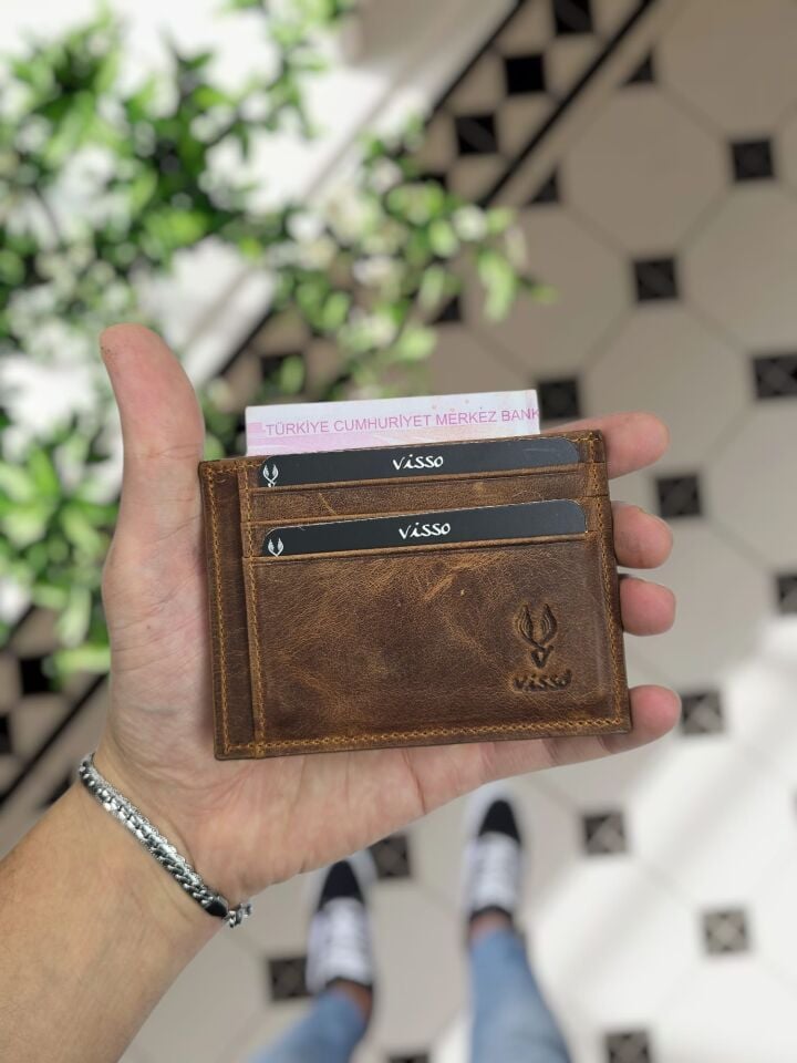 VİSSO 606 HAKİKİ DERİ ÇANTA FINDIK MATRİX İSME ÖZEL PARA BÖLMELİ ERKEK VE KADIN DERİ MİNİ KREDİ KARTLIK Yonca Logolu