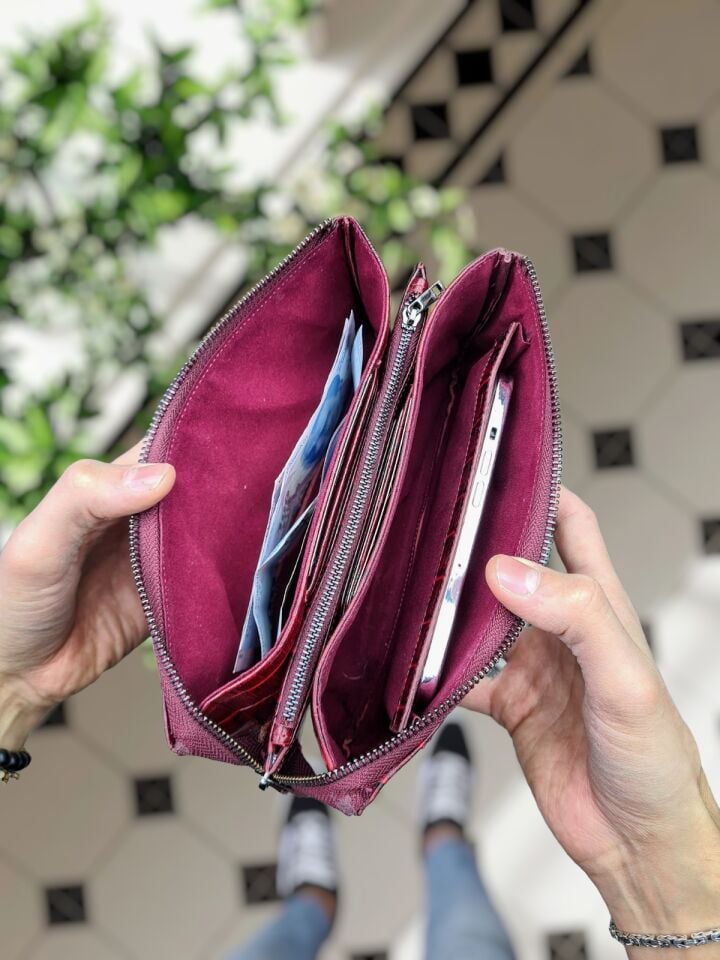 VİSSO 501 Hakiki Deri İsme Özel  Deri Çanta & El Çantası BORDO CROCO