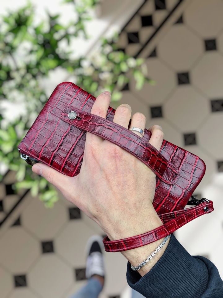 VİSSO 501 Hakiki Deri İsme Özel  Deri Çanta & El Çantası BORDO CROCO