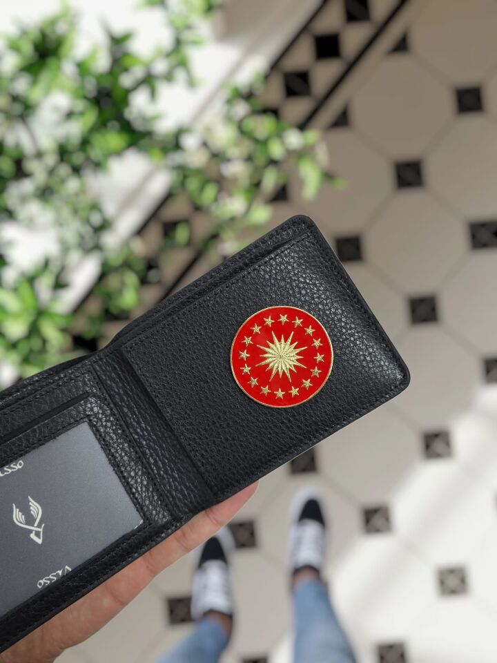 VİSSO 1236 Cumhurbaşkanlığı Rozetli HAKİKİ DERİ ÇANTA İSME ÖZEL KAĞIT PARA VE KİMLİK BÖLMELİ ERKEK VE KADIN CÜZDAN Siyah Renk Deri