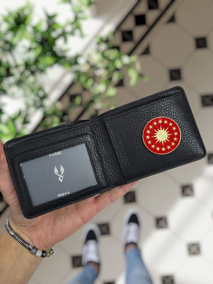 VİSSO 1236 Cumhurbaşkanlığı Rozetli HAKİKİ DERİ ÇANTA İSME ÖZEL KAĞIT PARA VE KİMLİK BÖLMELİ ERKEK VE KADIN CÜZDAN Siyah Renk Deri
