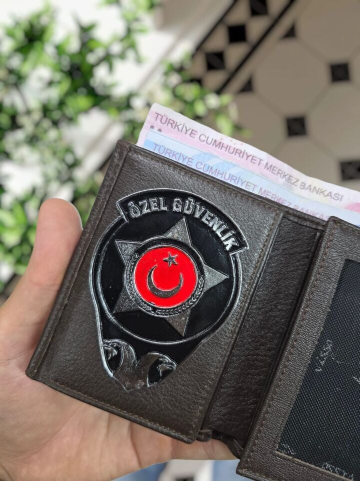 VİSSO 1131 Özel Güvenlik Rozetli HAKİKİ ORJİNAL DERİ ÇANTA  3 ADET KİMLİK KART GÖZLÜ KADIN ERKEK CÜZDAN Özel Güvenlik ROZETLİ kahverengi