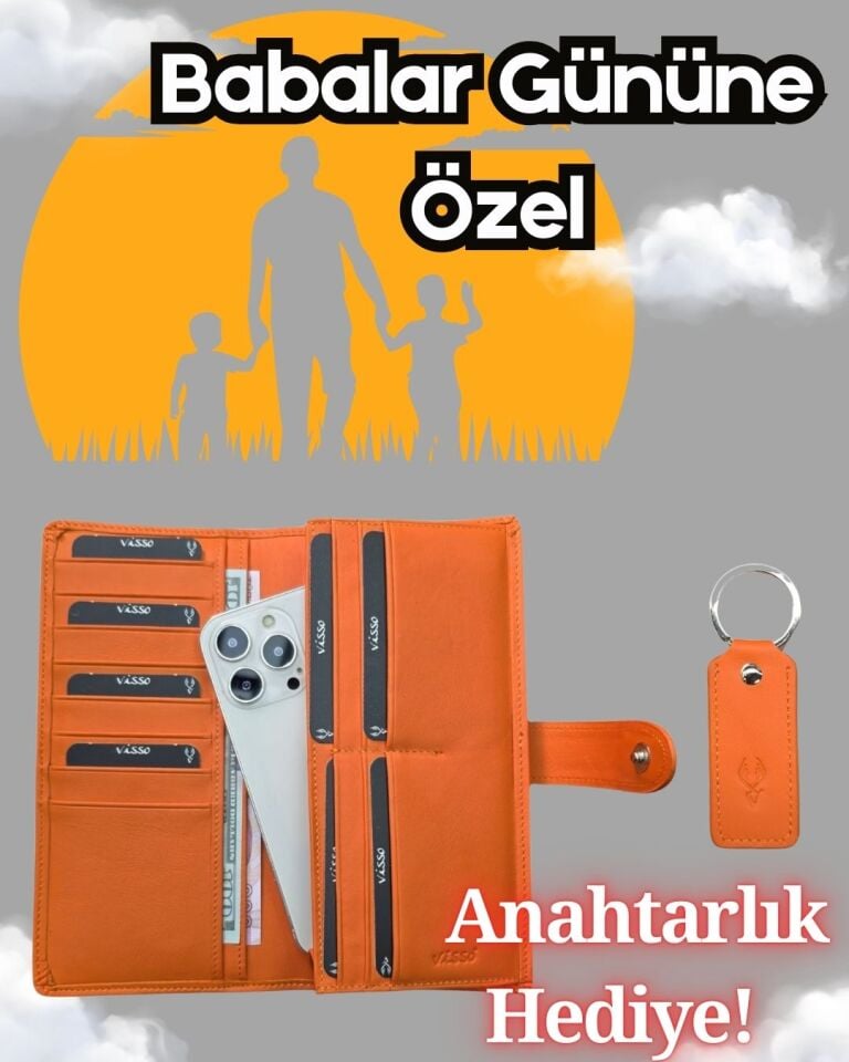 BABALAR Gününe Özel Anahtarlık Hediye Kampanyalı Turuncu Renk Çıtçıtlı Bayan Cüzdan Çanta Erkek  Unisex Kartlıklı Telefon Hazneli Kağıt Para Bölmeli Visso 701