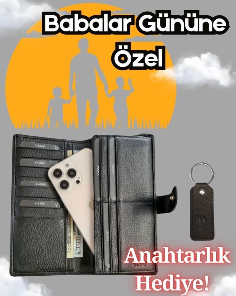 BABALAR Gününe Özel Anahtarlık Hediyeli Siyah Renk Kadın Erkek Unisex Cüzdan Kredi Kartlık Para Bölmeli Telefon Bölmeli Dıştan Kilitli Çıtçıtlı El Çantası Çanta Model