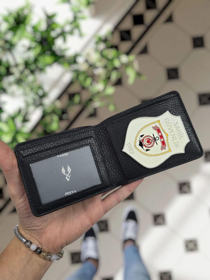 VİSSO 1236 Sahil Güvenlik Rozetli HAKİKİ DERİ ÇANTA İSME ÖZEL KAĞIT PARA VE KİMLİK BÖLMELİ ERKEK VE KADIN CÜZDAN Siyah Renk Deri