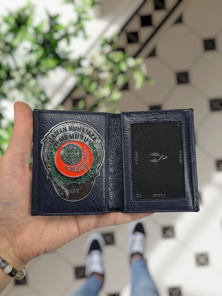 VİSSO 1131 Orman Bakanlığı Rozetli HAKİKİ ORJİNAL DERİ ÇANTA  3 ADET KİMLİK KART GÖZLÜ FERMUARLI KADIN ERKEK CÜZDAN  Metal Rozetli Lacivert Gutty