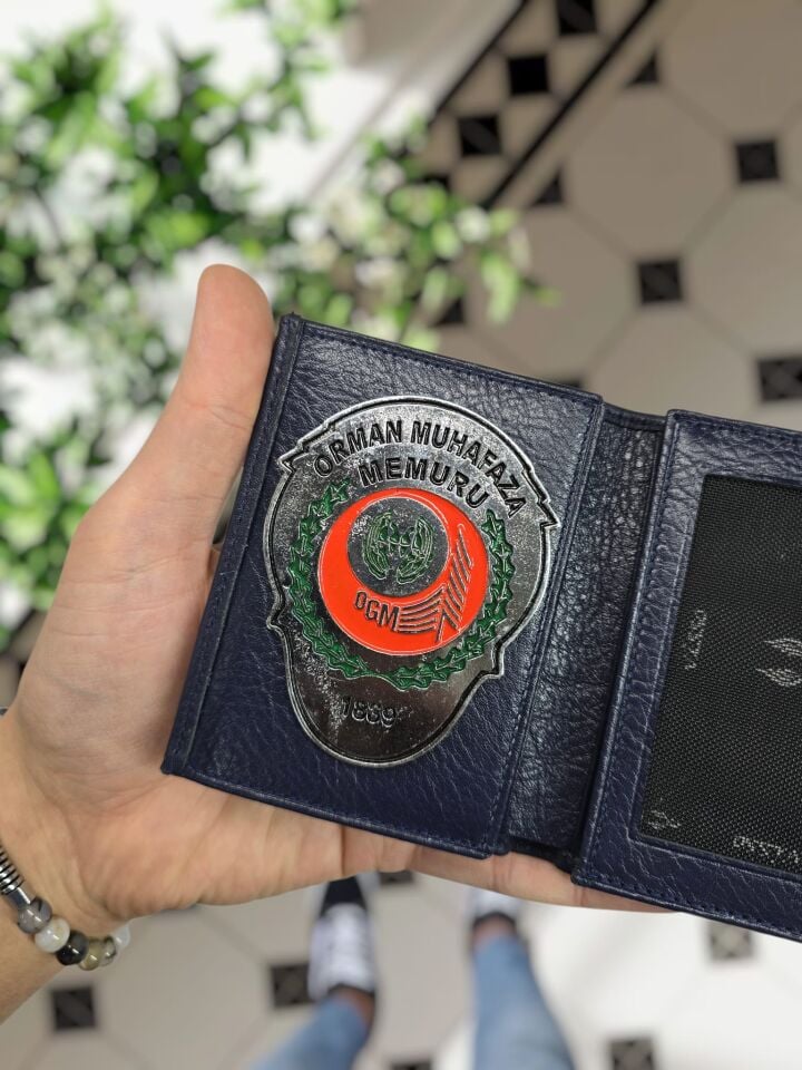 VİSSO 1131 Orman Bakanlığı Rozetli HAKİKİ ORJİNAL DERİ ÇANTA  3 ADET KİMLİK KART GÖZLÜ FERMUARLI KADIN ERKEK CÜZDAN  Metal Rozetli Lacivert Gutty