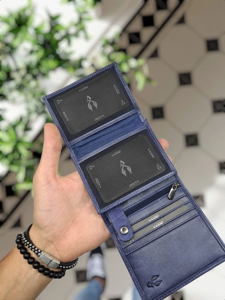 VİSSO 114 Hakiki Deri ÇANTA Lacivert Kurtuba  CÜZDAN + ANAHTARLIK