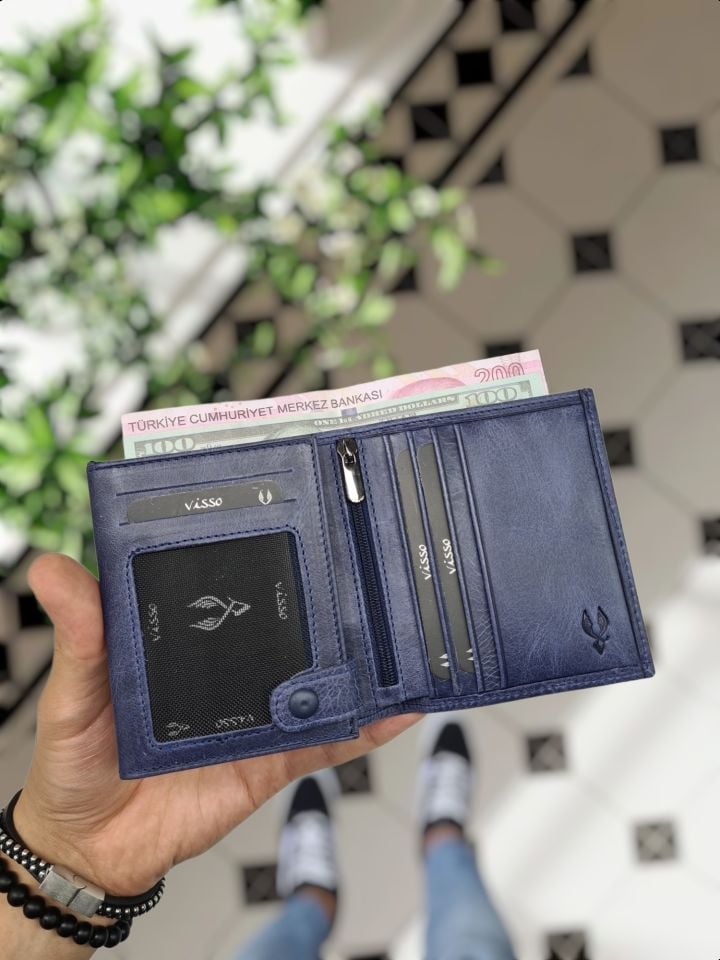 VİSSO 114 Hakiki Deri ÇANTA Lacivert Kurtuba  CÜZDAN + ANAHTARLIK
