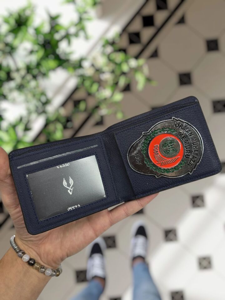 VİSSO 1236 ORMAN BAKNLIĞI Rozetli HAKİKİ DERİ ÇANTA İSME ÖZEL KAĞIT PARA VE KİMLİK BÖLMELİ ERKEK VE KADIN CÜZDAN Lacivert Renk Deri Gutty